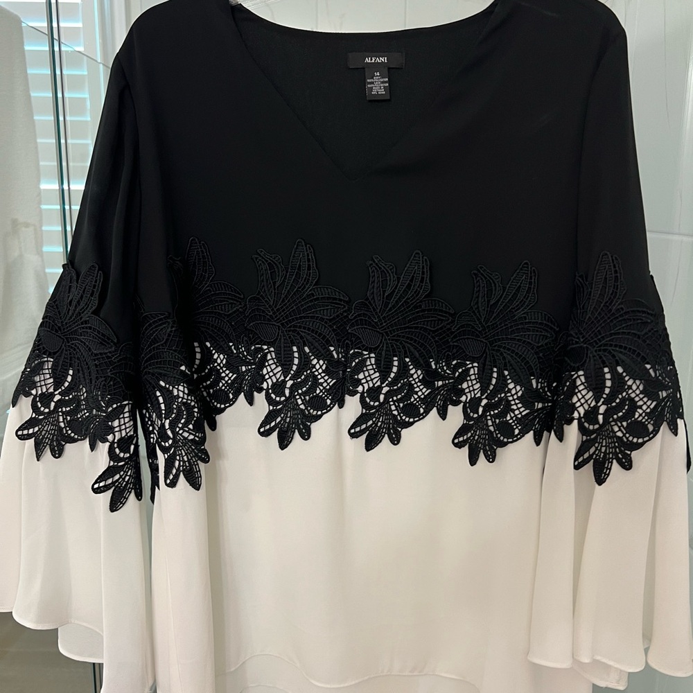 Alfani Black and White Lace Trim Blouse